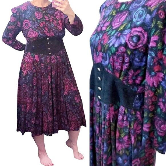 VTG 80s Purple Pink Moody Floral over Black Long Sleeve Midi Dress Size 6P - Picture 1 of 15